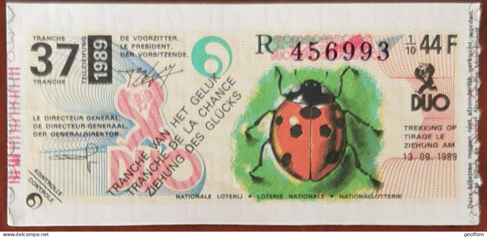 Billet De Loterie Nationale Belgique 1989 37e Tranche De La Chance - 13-9-1989 - Biglietti Della Lotteria