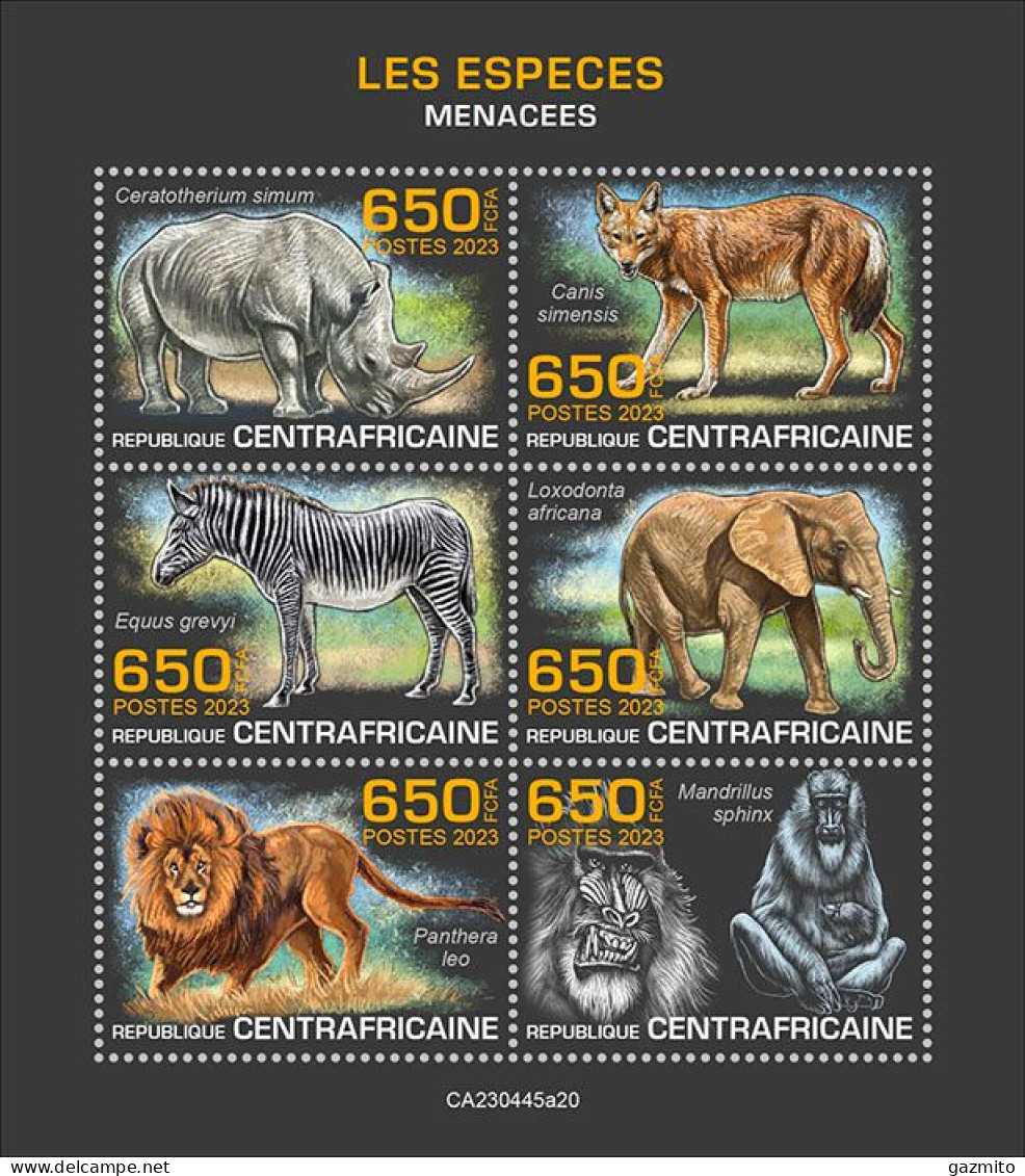 Centrafrica 2023, Animals In Danger, Elephant, Lion, Monkey, Rhino, 6val In BF - Neushoorn