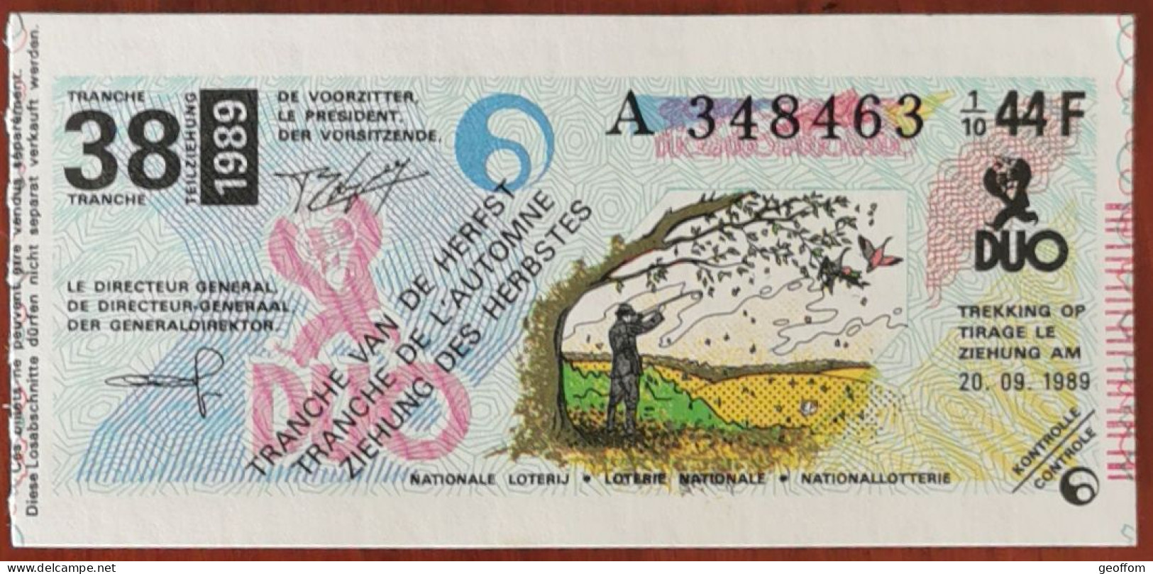 Billet De Loterie Nationale Belgique 1989 38e Tranche De L'Automne - 20-9-1989 - Biglietti Della Lotteria