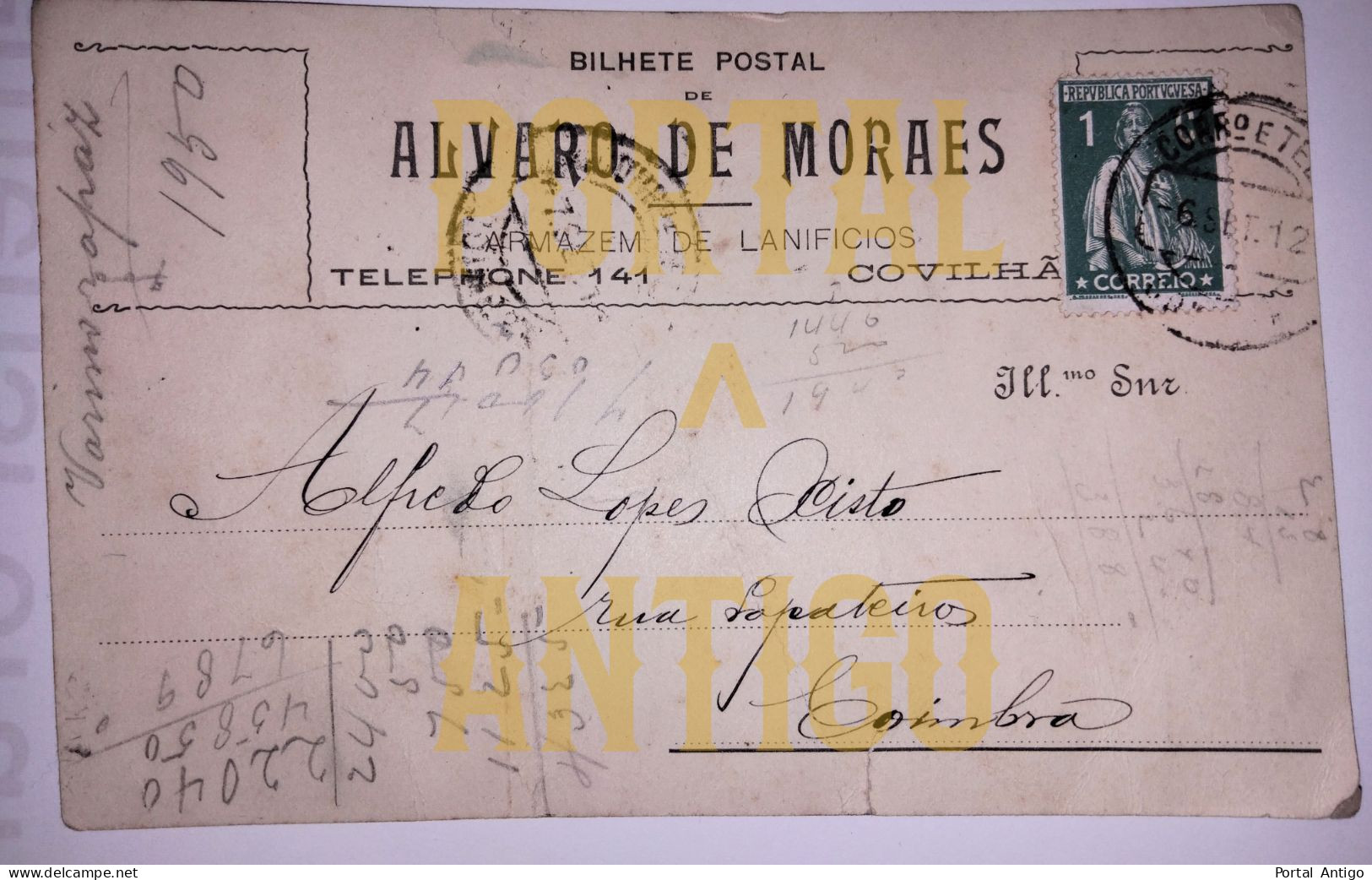COVILHÃ - ÁLVARO DE MORAIS - Armazém De Lanifícios - Postal Inteiro - 1912 - GUARDA - Envio P. Coimbra - Portugal. - Guarda