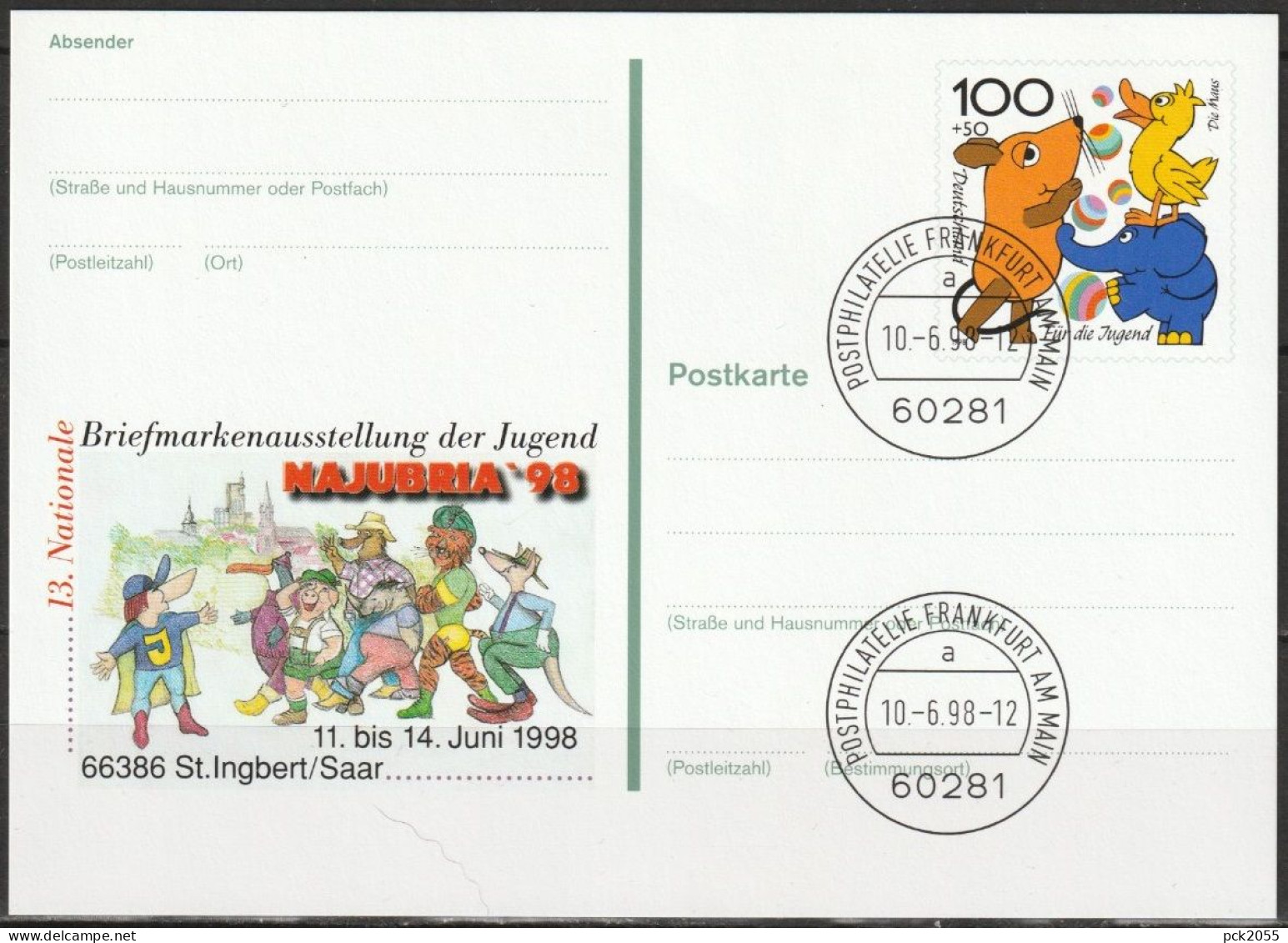 BRD Ganzsache 1997 PSo53 NAJUBRIA`98 St. Ingbert SST. Frankfurt  10.6.98 NAJUBRIA`98 (PK 196)günstige Versandkosten - Cartes Postales - Oblitérées