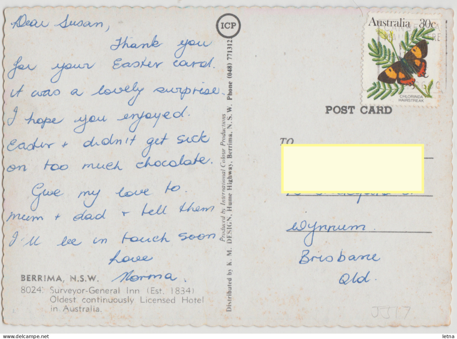 Australia NEW SOUTH WALES NSW Surveyor General Historic Inn BERRIMA ICP 8024 Postcard 1984 Pmk Butterfly Stamp - Sonstige & Ohne Zuordnung