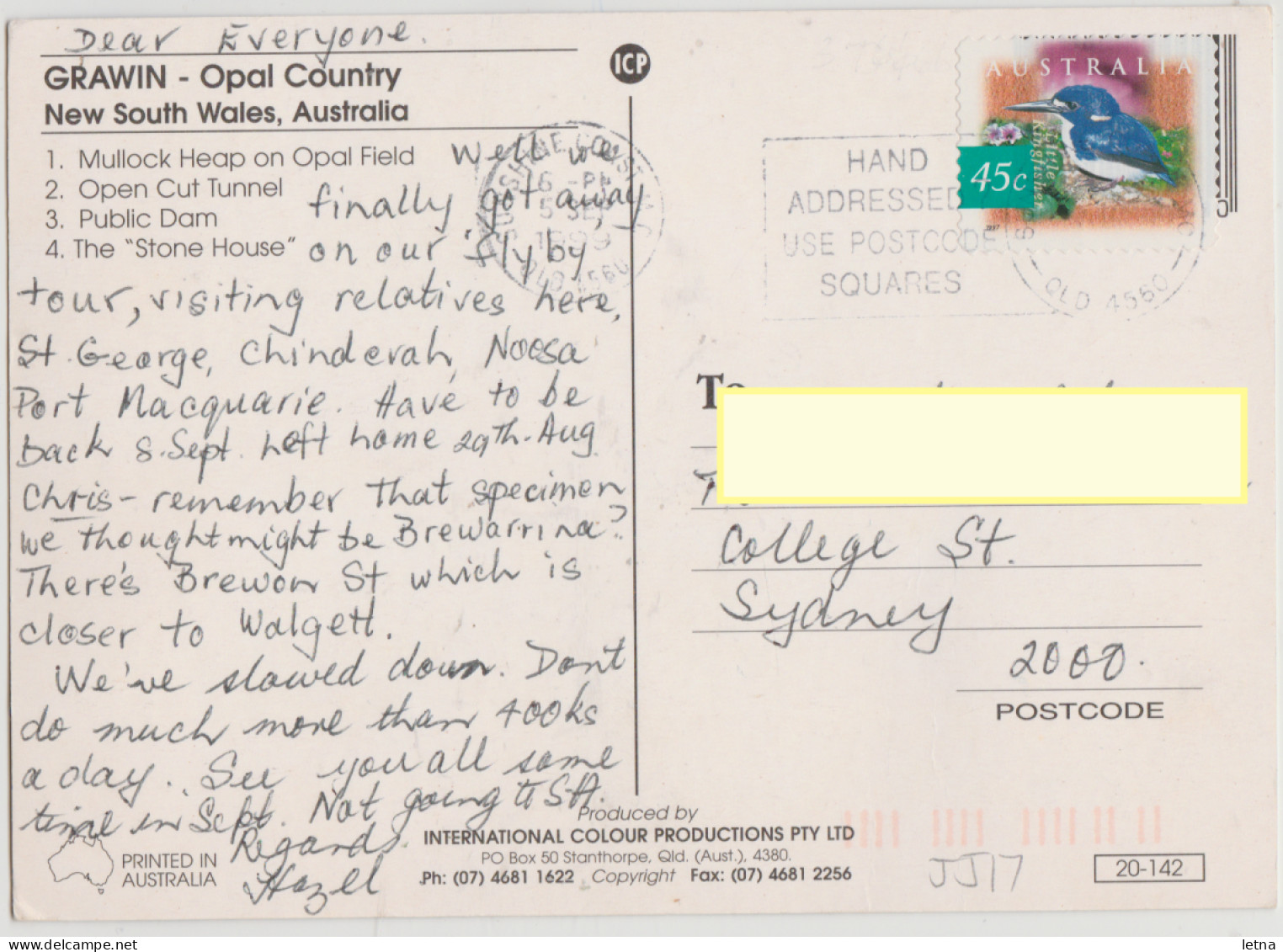 Australia NEW SOUTH WALES NSW Multiviews GRAWIN Opal Fields ICP 20-142 Postcard 1999 Pmk Bird Stamp - Otros & Sin Clasificación