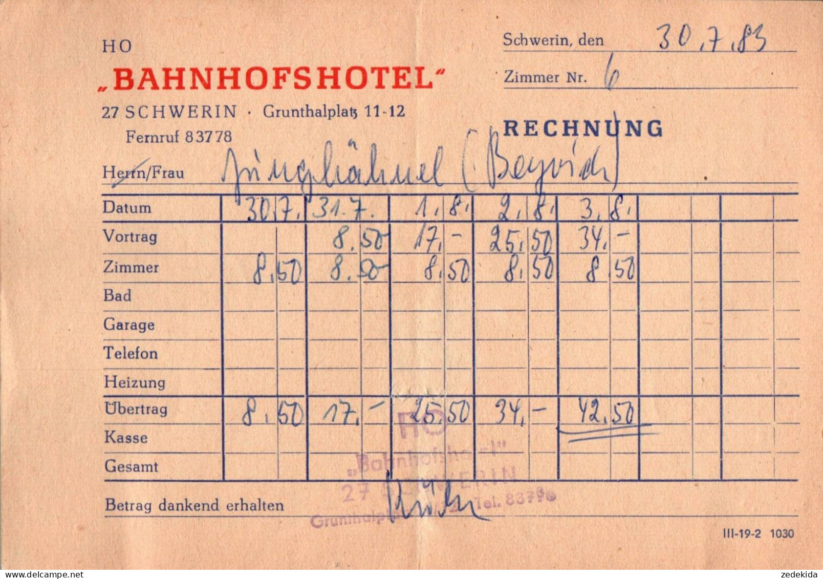 G9147 - Schwerin Bahnhofshotel Rechnung DDR - 1950 - ...