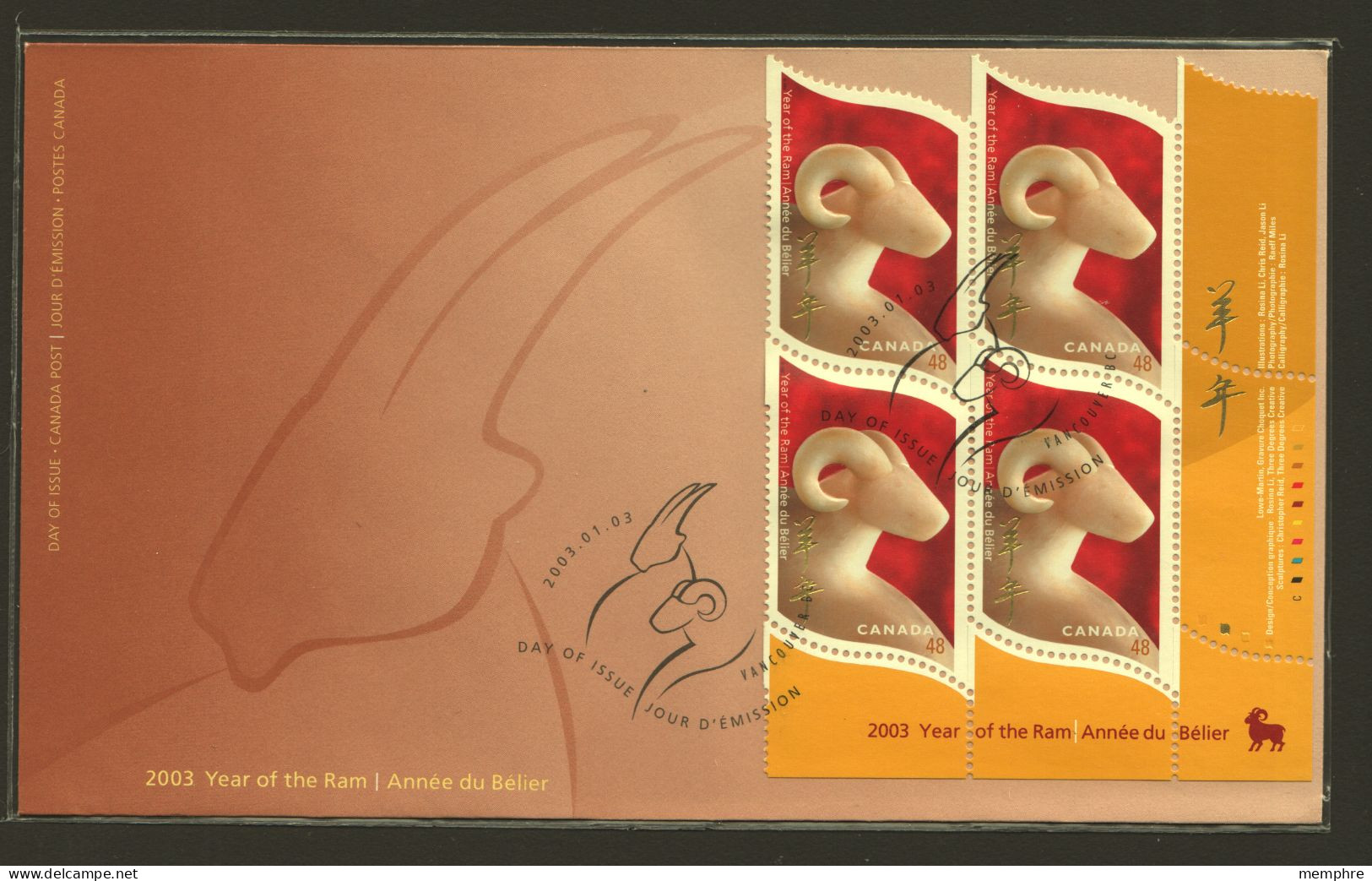 2003  Year Of The Ram  Regular Stamp Plate Block Of 4   Sc 1969 - 2001-2010