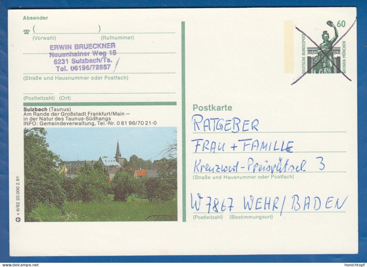 Deutschland; BRD; Postkarte; 60 Pf Bavaria München; Sulzbach Taunus - Bildpostkarten - Gebraucht