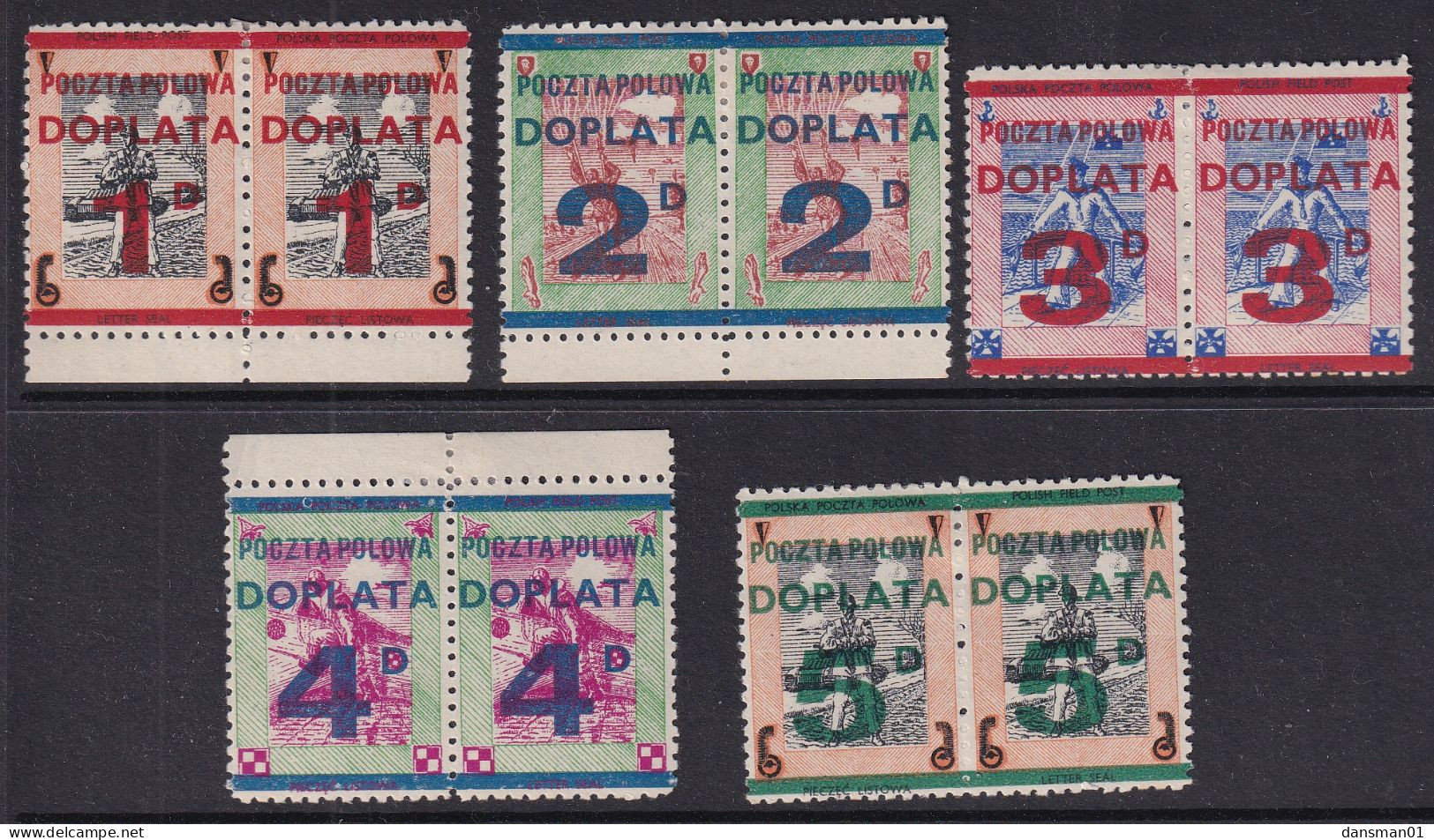 POLAND 1943 Field Post Seals Postage Dues Smith FD1-5 Mint Hinged - Liberation Labels