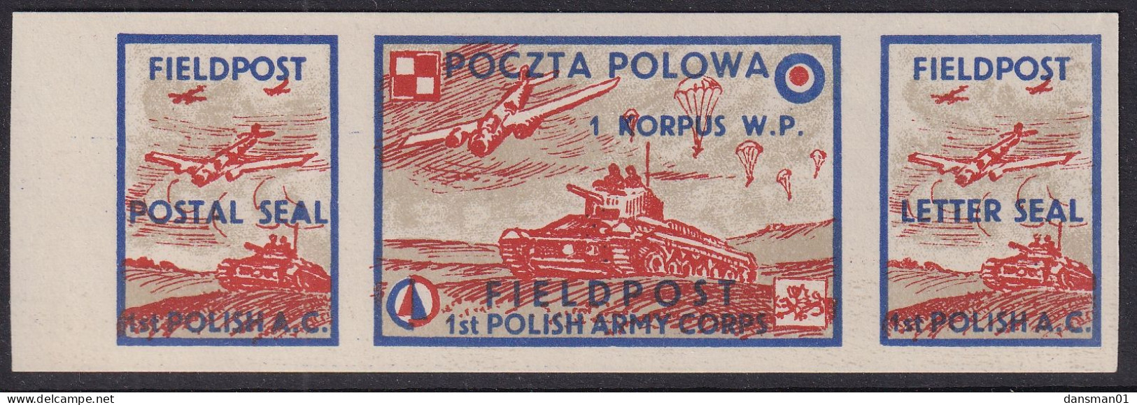POLAND 1942 Field Post Seals Strip Smith FL2-4 Mint Never Hinged (white Paper) - Liberation Labels