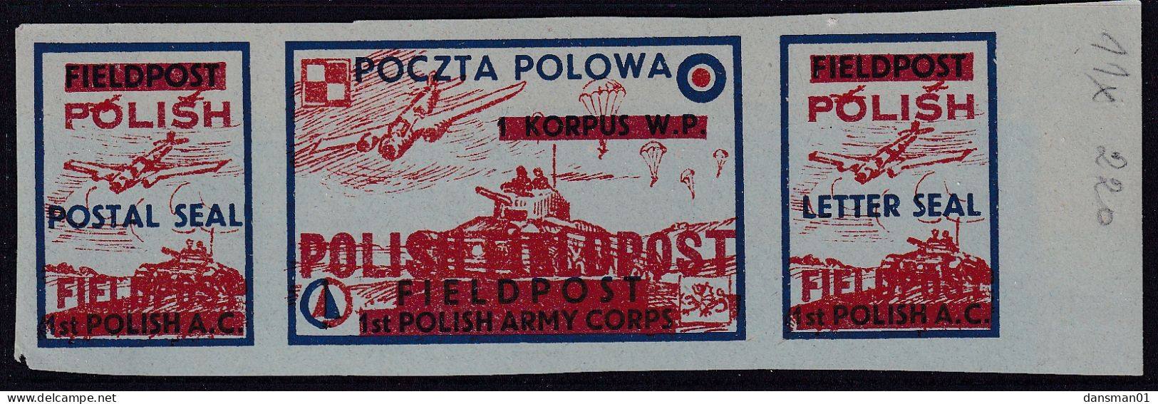 POLAND 1942 Field Post Seals Strip Smith FL2-4 Mint Hinged (Blue Paper) Overprinted - Liberation Labels