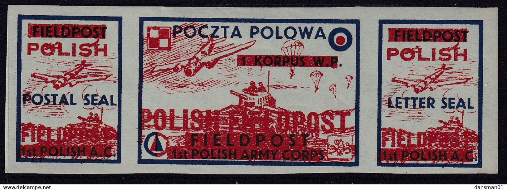 POLAND 1942 Field Post Seals Strip Smith FL2-4 Mint Hinged (Green Paper) Overprinted - Liberation Labels