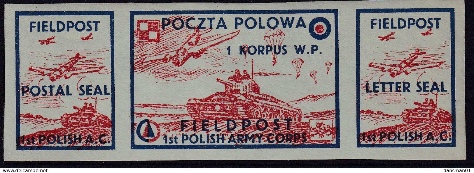 POLAND 1942 Field Post Seals Strip Smith FL2-4 Mint Hinged (Green Paper) - Liberation Labels