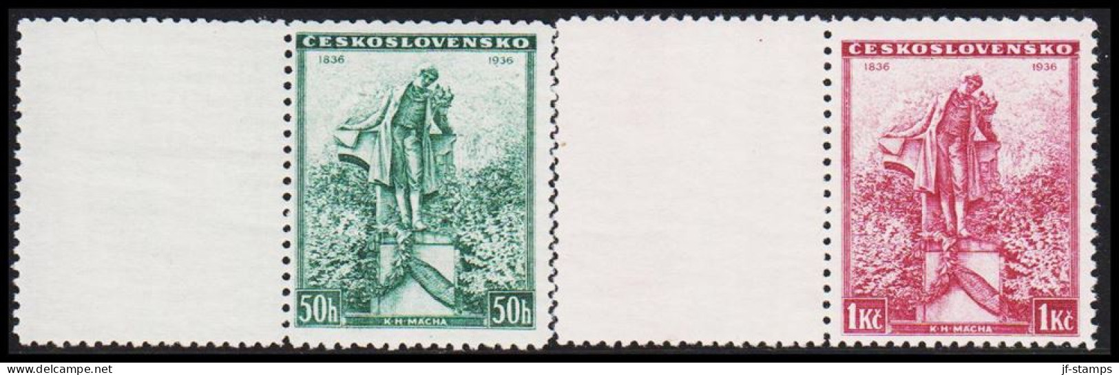 1936. CESKOSLOVENSKO. Karel Hynek Mácha Complete Set With Vignette Never Hinged.  (Michel 345-346 Zf) - JF540103 - Neufs