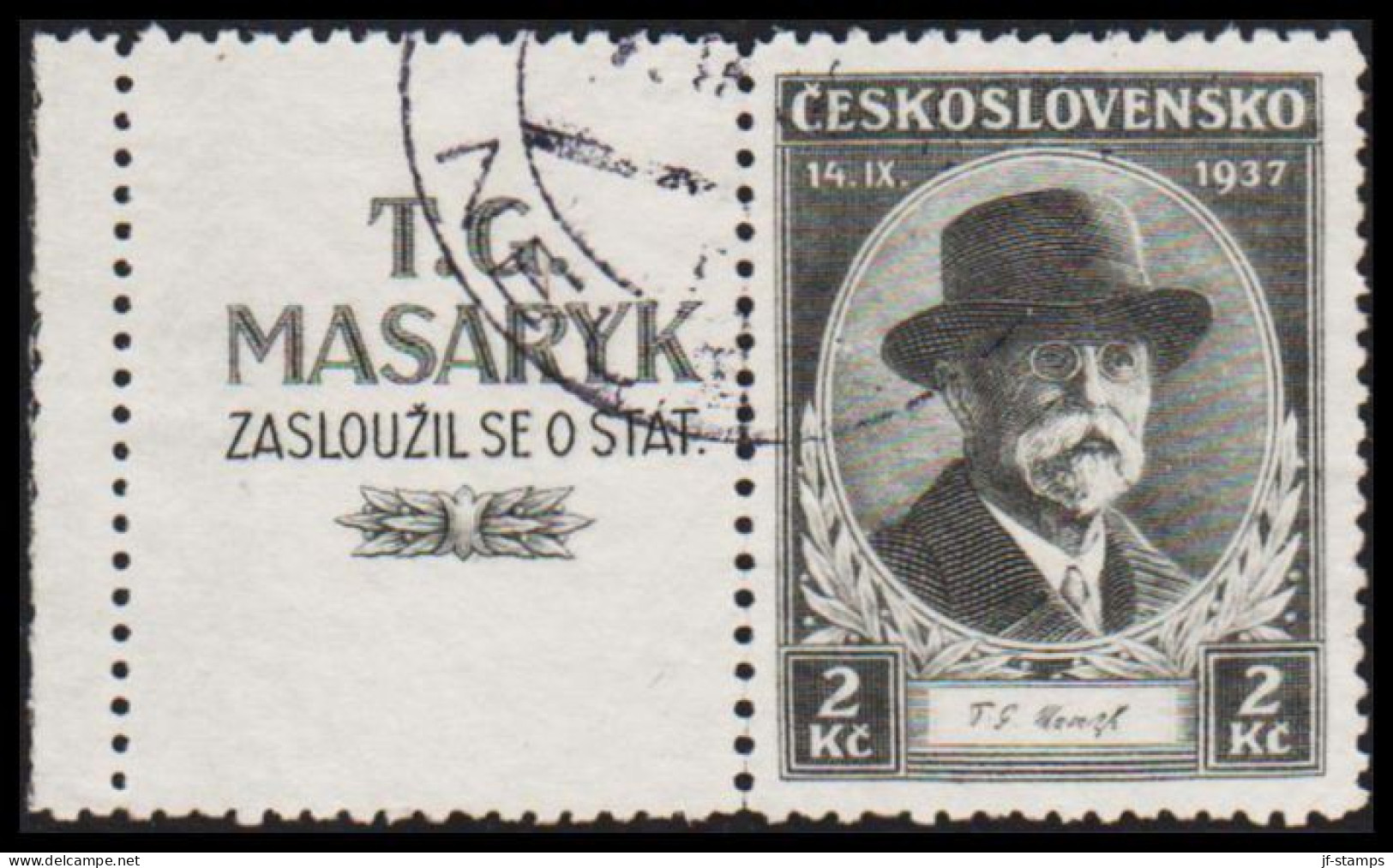 1937. CESKOSLOVENSKO. Thomáš Garrigue Masaryk With Vignette.  (Michel 380 Zf) - JF540104 - Oblitérés