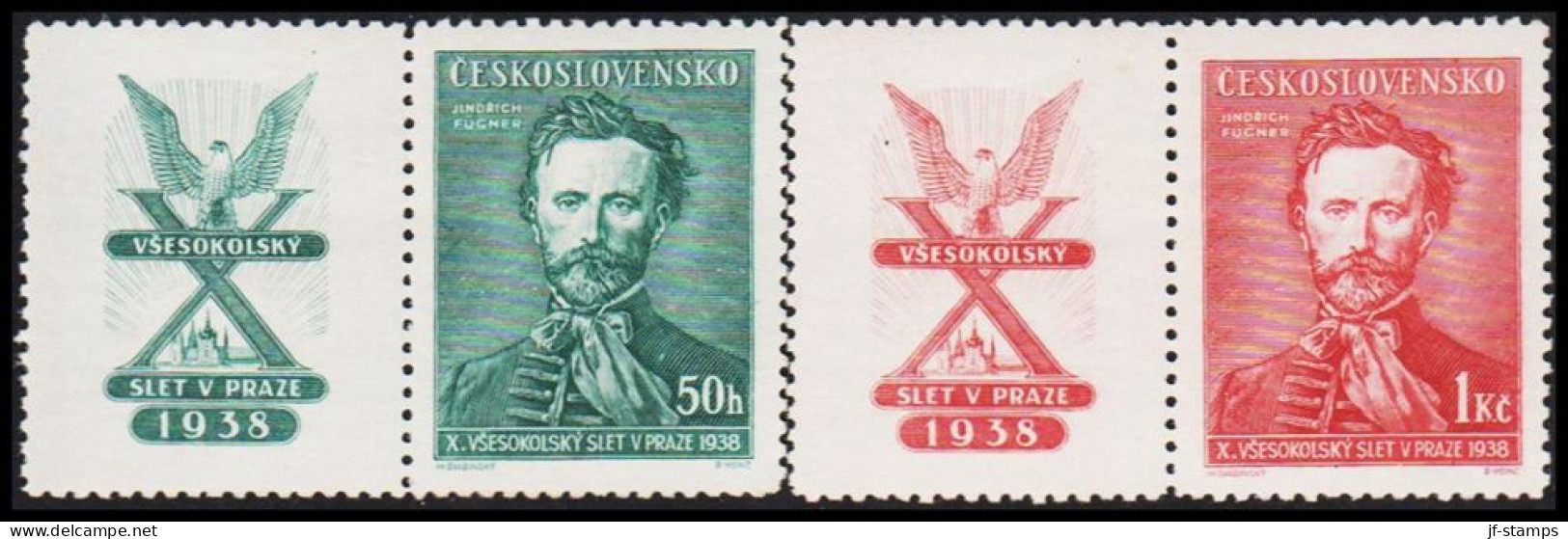 1938. CESKOSLOVENSKO. 10. Allslawische Sokolspiele, Prag 50 H + 1 Kc With Vignette Nev... (Michel 395-396 Zf) - JF540109 - Neufs