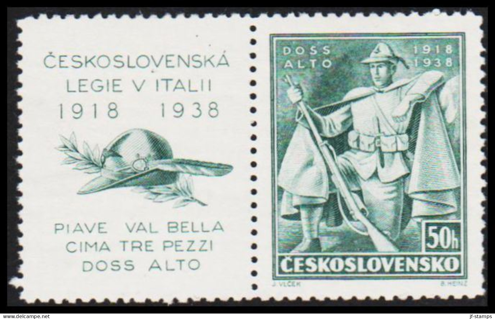 1938. CESKOSLOVENSKO.  Doss Alto (Italien) 50 H  With Vignette Never Hinged.  (Michel 394Zf) - JF540120 - Unused Stamps