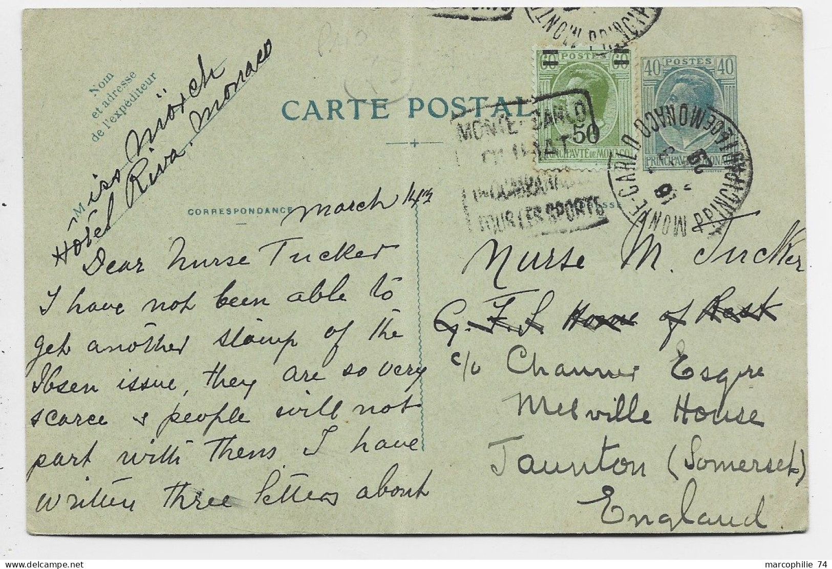 MONACO 40C PLI CENTRAL + 50C DAGUIN MONTE CARLO 1929 TO ENGLAND AU TARIF - Interi Postali