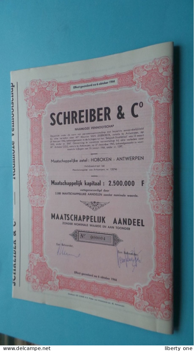 SCHREIBER & C° N.V. - Maatschappelijk AANDEEL - N° 000004 ( Hoboken Antwerpen ) Na 6/10/1944 ! - S - V