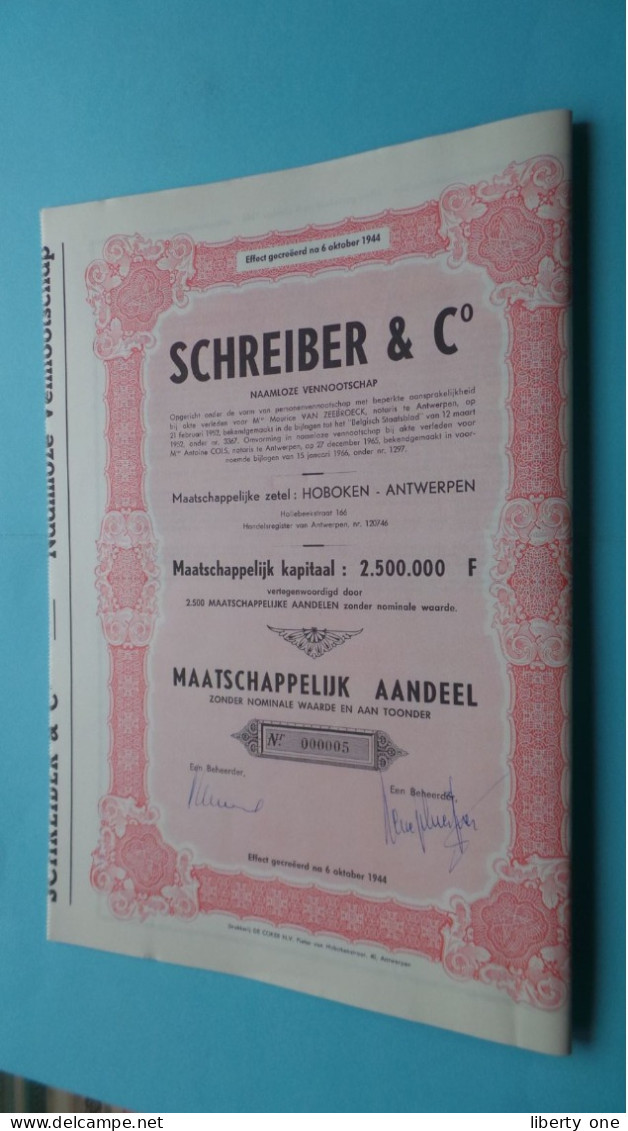 SCHREIBER & C° N.V. - Maatschappelijk AANDEEL - N° 000005 ( Hoboken Antwerpen ) Na 6/10/1944 ! - S - V