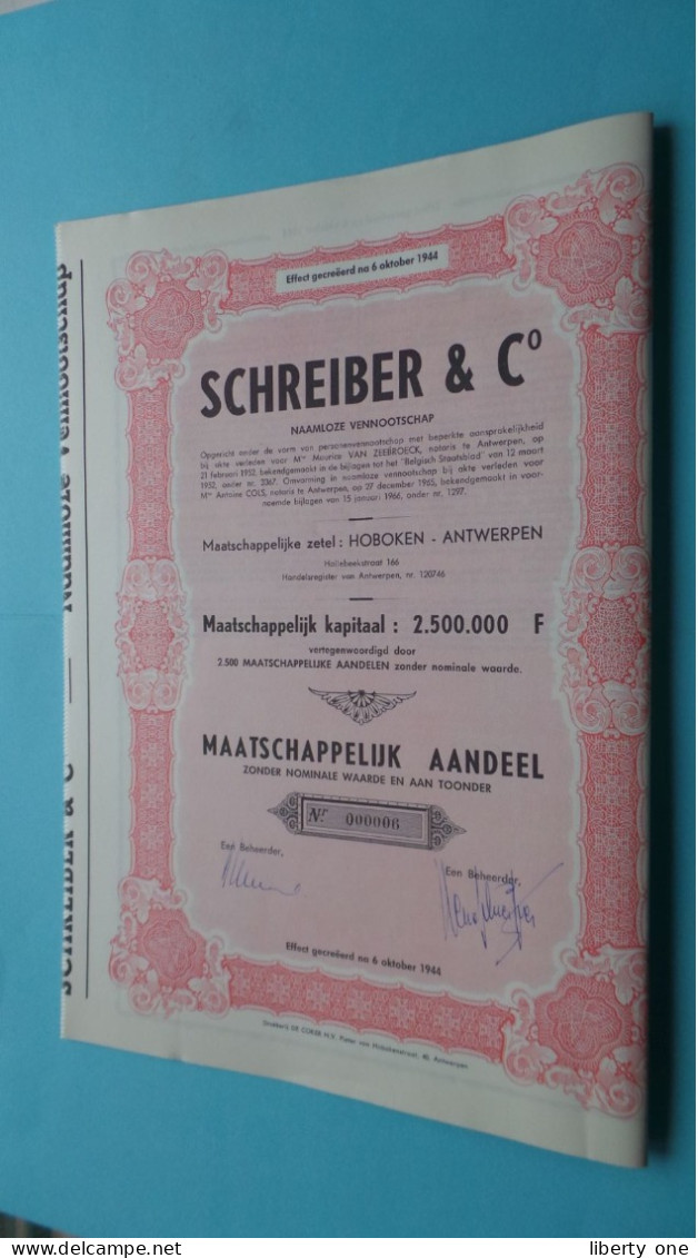 SCHREIBER & C° N.V. - Maatschappelijk AANDEEL - N° 000006 ( Hoboken Antwerpen ) Na 6/10/1944 ! - S - V