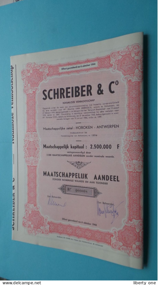 SCHREIBER & C° N.V. - Maatschappelijk AANDEEL - N° 000008 ( Hoboken Antwerpen ) Na 6/10/1944 ! - S - V