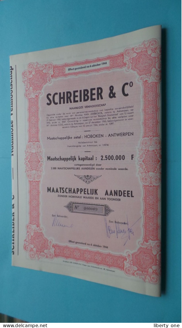 SCHREIBER & C° N.V. - Maatschappelijk AANDEEL - N° 000009 ( Hoboken Antwerpen ) Na 6/10/1944 ! - S - V