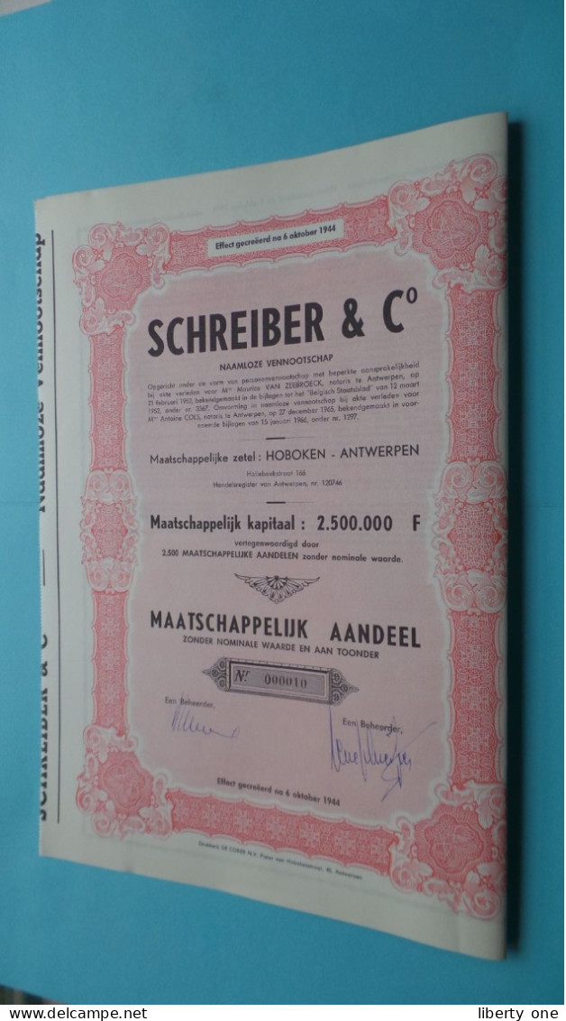 SCHREIBER & C° N.V. - Maatschappelijk AANDEEL - N° 000010 ( Hoboken Antwerpen ) Na 6/10/1944 ! - S - V