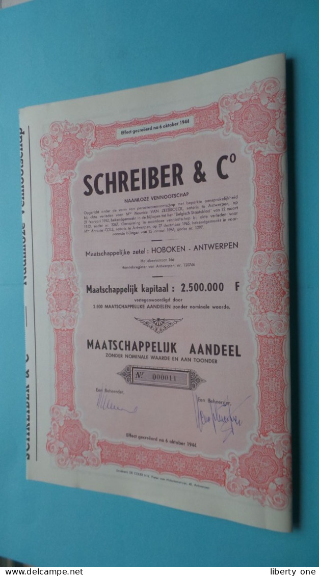 SCHREIBER & C° N.V. - Maatschappelijk AANDEEL - N° 000011 ( Hoboken Antwerpen ) Na 6/10/1944 ! - S - V