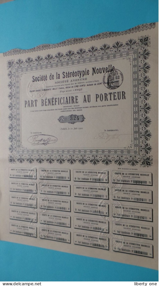 Société De La Stéréotypie NOUVELLE S.a. PARIS - Part Bénéficiaire Au Porteur > Nos 324-325-326-327 (1900) 4 Pcs.! - S - V