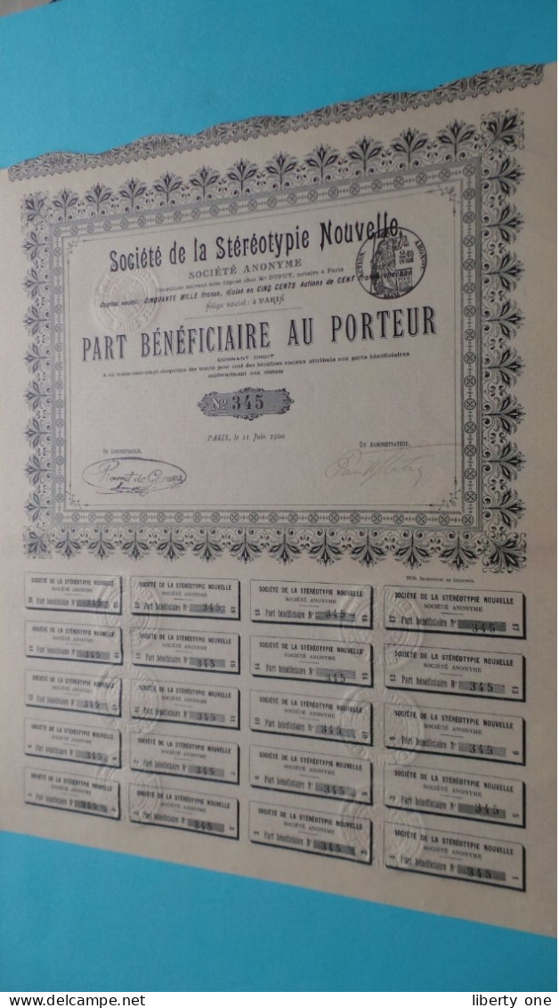 Société De La Stéréotypie NOUVELLE S.a. PARIS - Part Bénéficiaire Au Porteur > Nos 345-346-347-348 (1900) 4 Pcs.! - S - V