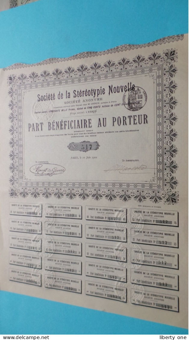 Société De La Stéréotypie NOUVELLE S.a. PARIS - Part Bénéficiaire Au Porteur > Nos 517 (1900) 1 Pc.! - S - V