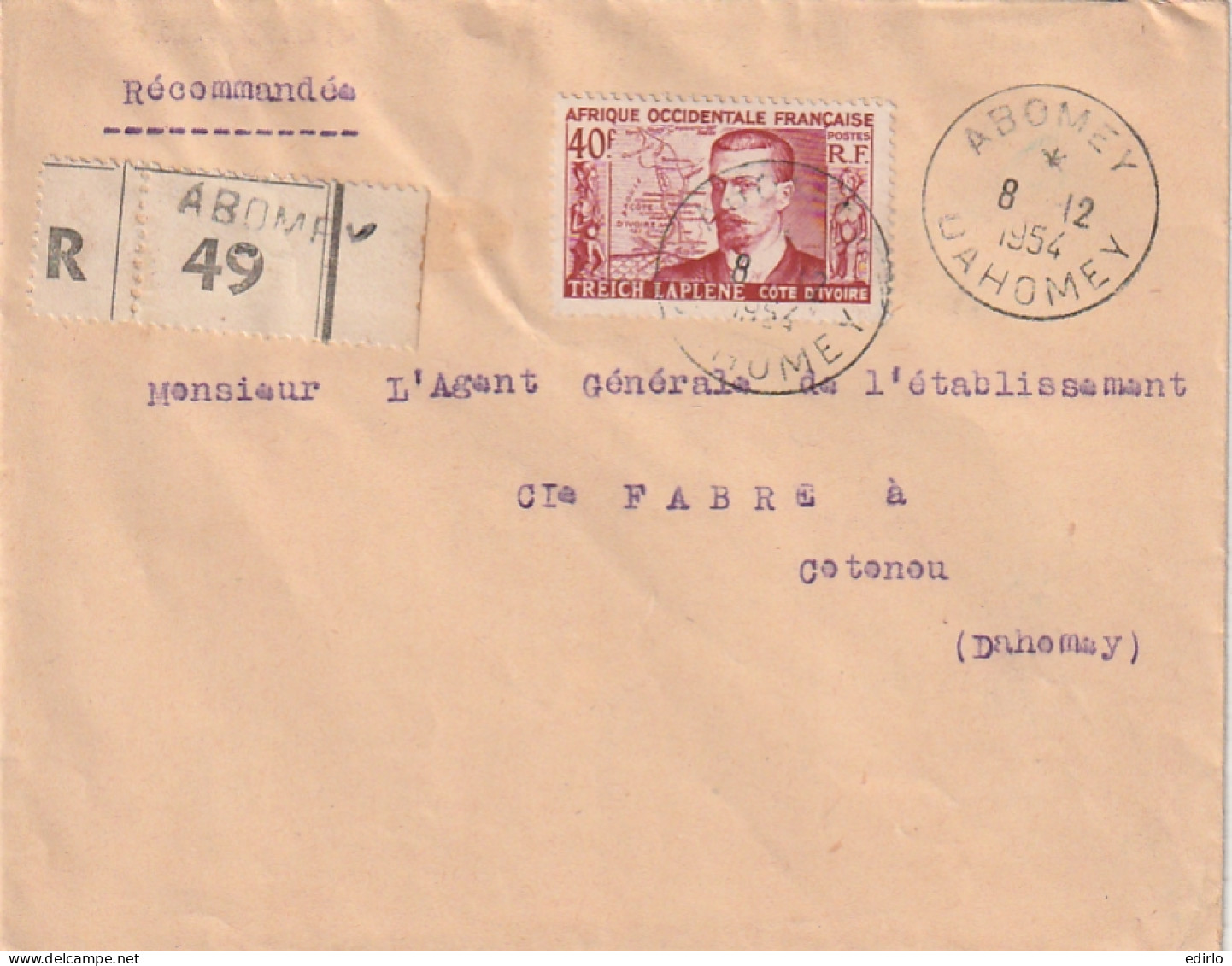 ***   AFRIQUE OCCIDENTAL FRANCAISE  ***  Courrier Par Avion 1954 Ets  Fabre Cotonou - Lettres & Documents