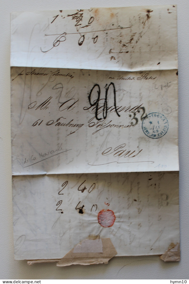 1869 Lettre Internationale DOUBLE PORT LA HAVANE/Cuba-PARIS/France+Tax 24c+Cachet 32 C+BlueTransit CALAIS-F727 - Prephilately