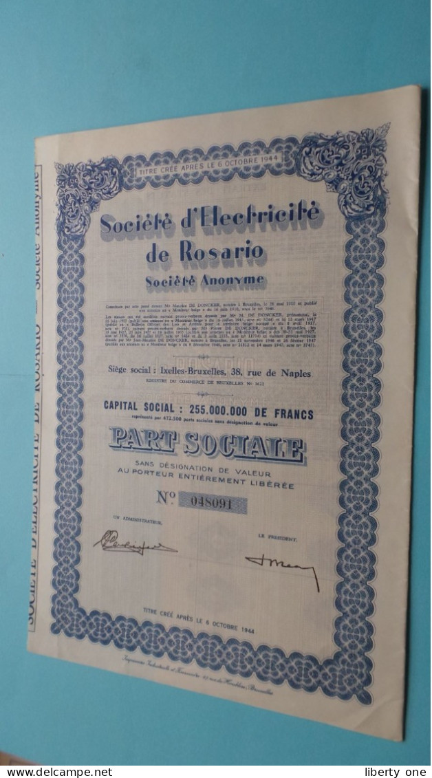 Soc. D'Electricité De ROSARIO Bruxelles - Part Sociale > N° 048091 ( Après 6/10/1944) ! - Electricity & Gas