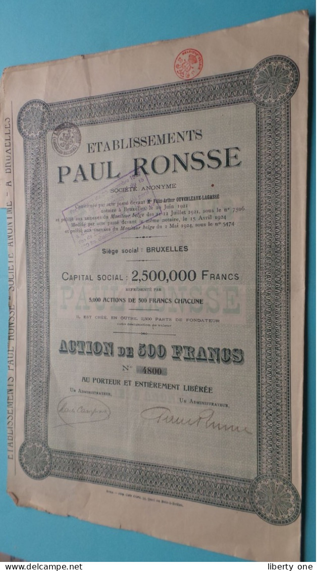 Ets. PAUL RONSSE Bruxelles - Action De 500 Francs > N° 4800 ( 1936/37 ) ! - P - R