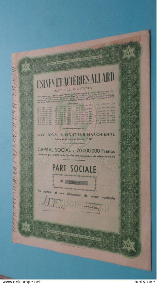 Usines Et Acièries ALLARD à Mont-sur-MARCHIENNE - Part Sociale > N° 28002 ( Après Le 6/10/1944 ) ! - A - C