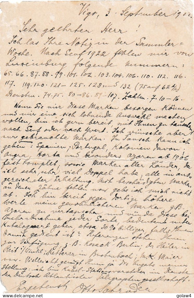35391# CARTE POSTALE ENTIER POSTAL Obl VIGO 1922 Pour REISDORF LUXEMBOURG - Cartas & Documentos