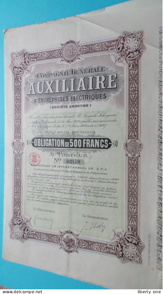 Cie Gen. AUXILIAIRE Electriques Bruxelles - Obligation De 500 Francs > N° 03159 ( 1920 ) ! - Electricity & Gas