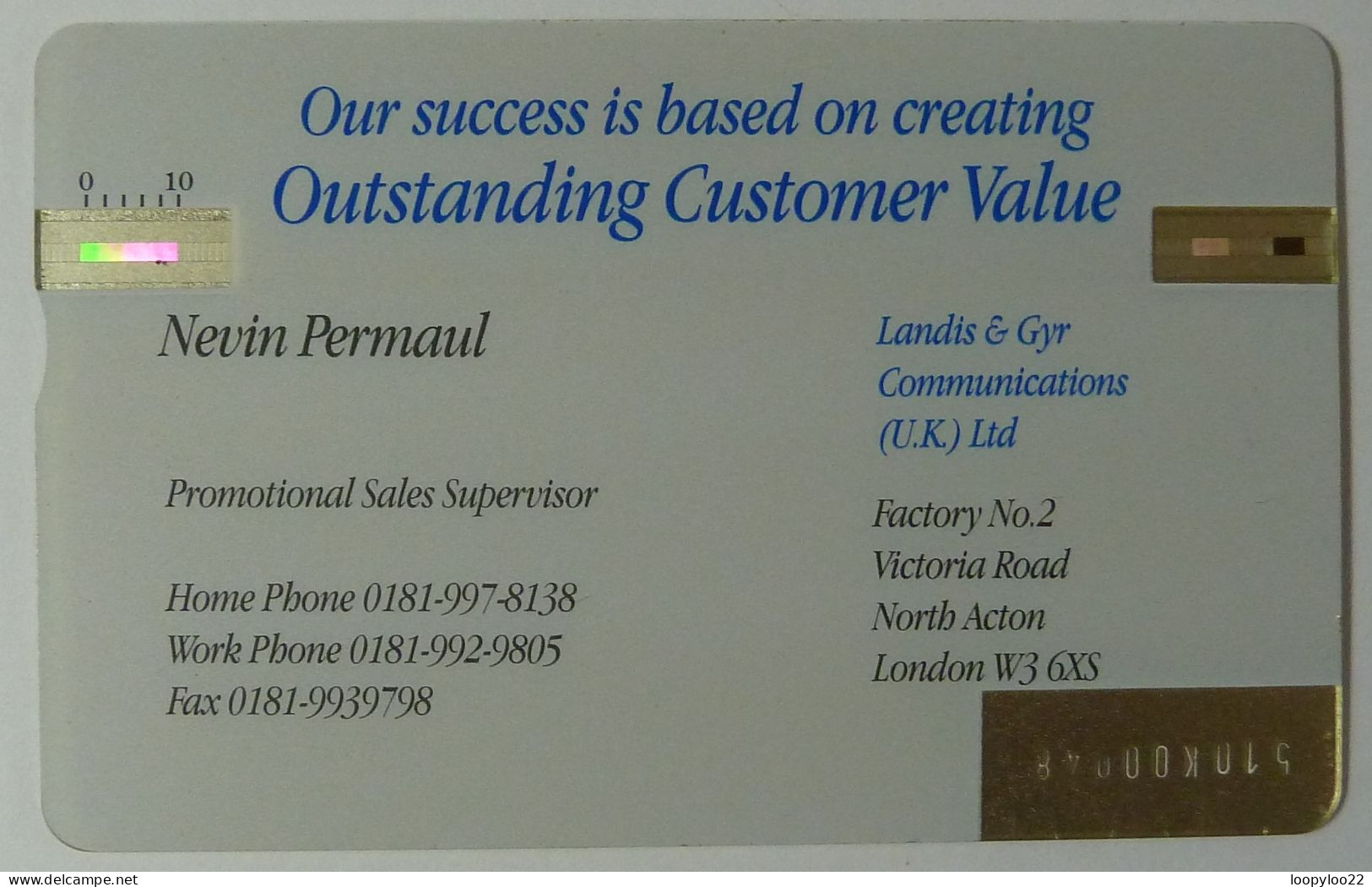 UK - Great Britain - BT & Landis & Gyr - Visiting - Business Card - Nevin Permaul - LGV041 - 510K - 150ex - Mint - R - Sammlungen