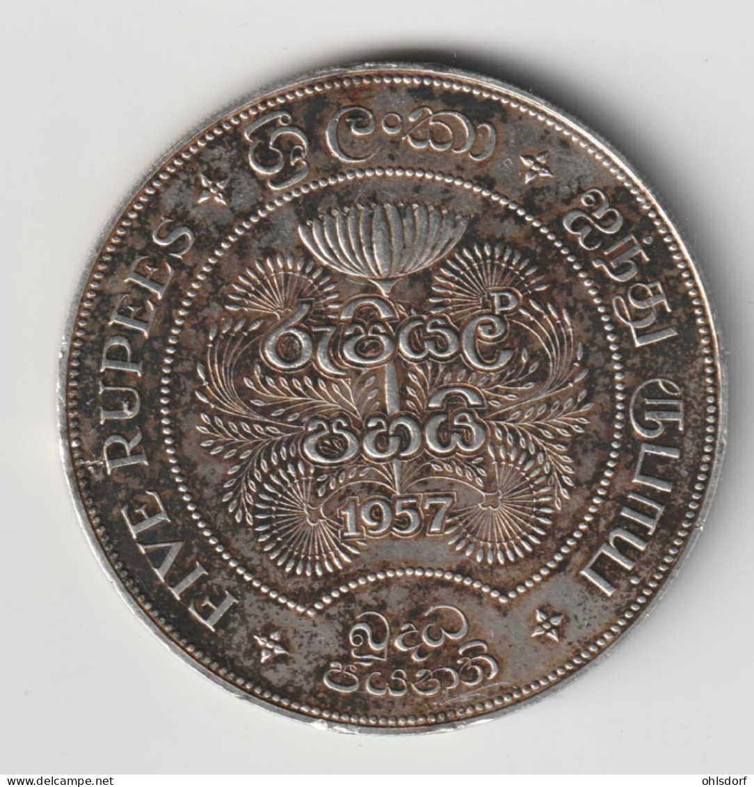 SRI LANKA - CEYLON 1957: 5 Rupees 2500 Years Buddhism, Silver, KM 126 - Sri Lanka