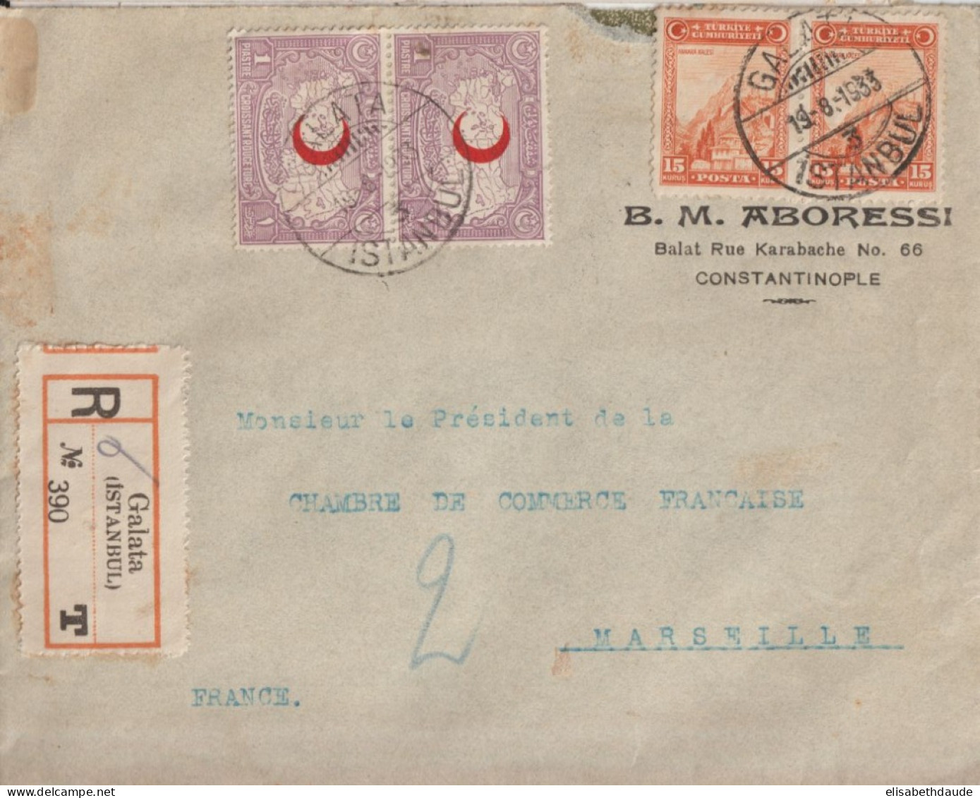 1933 - TURQUIE - TIMBRES CROISSANT-ROUGE De BIENFAISANCE ! Sur ENVELOPPE RECOMMANDEE De CONSTANTINOPLE => MARSEILLE - Brieven En Documenten