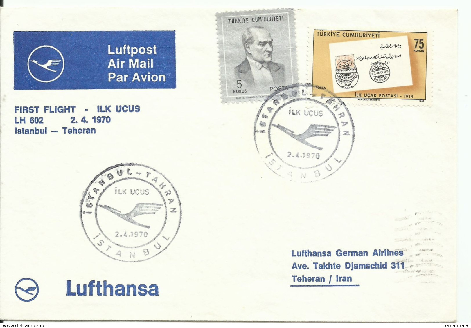 TURQUIA ,  SOBRE  CONMEMORATIVO  LUFTHANSA  ,  AÑO 1970 - Cartas & Documentos