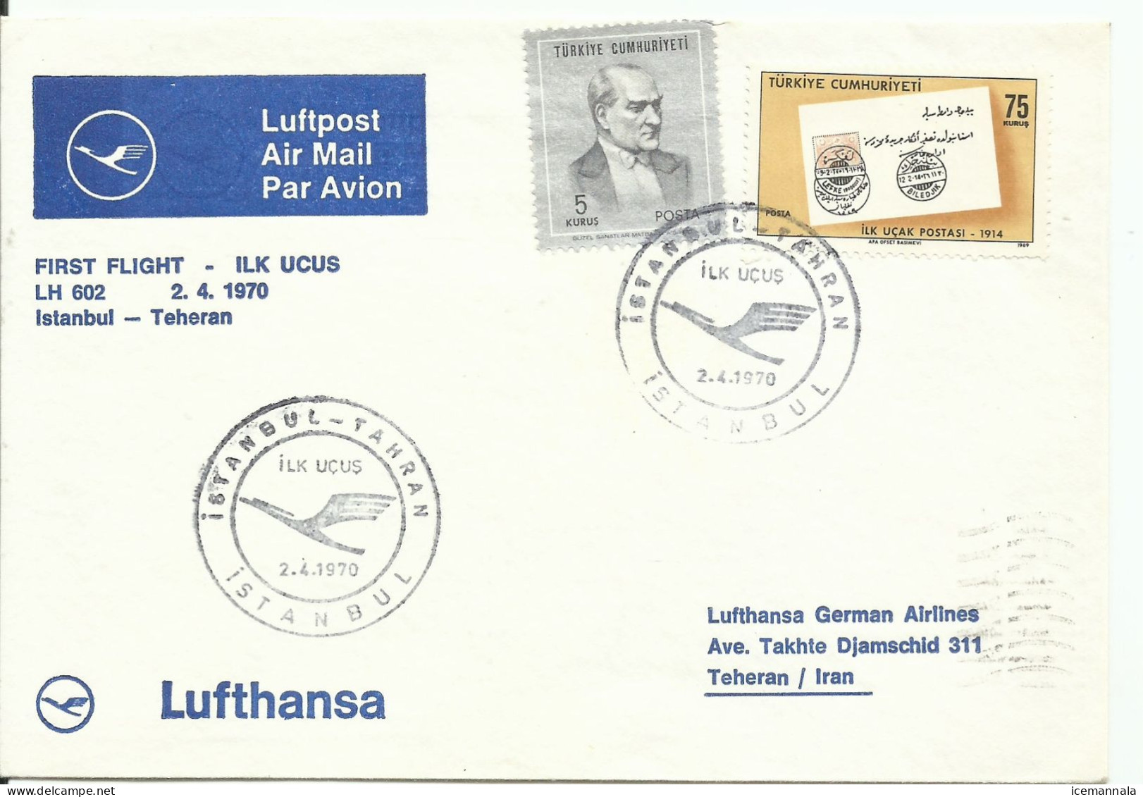 TURQUIA ,  SOBRE  CONMEMORATIVO  LUFTHANSA  ,  AÑO 1970 - Covers & Documents