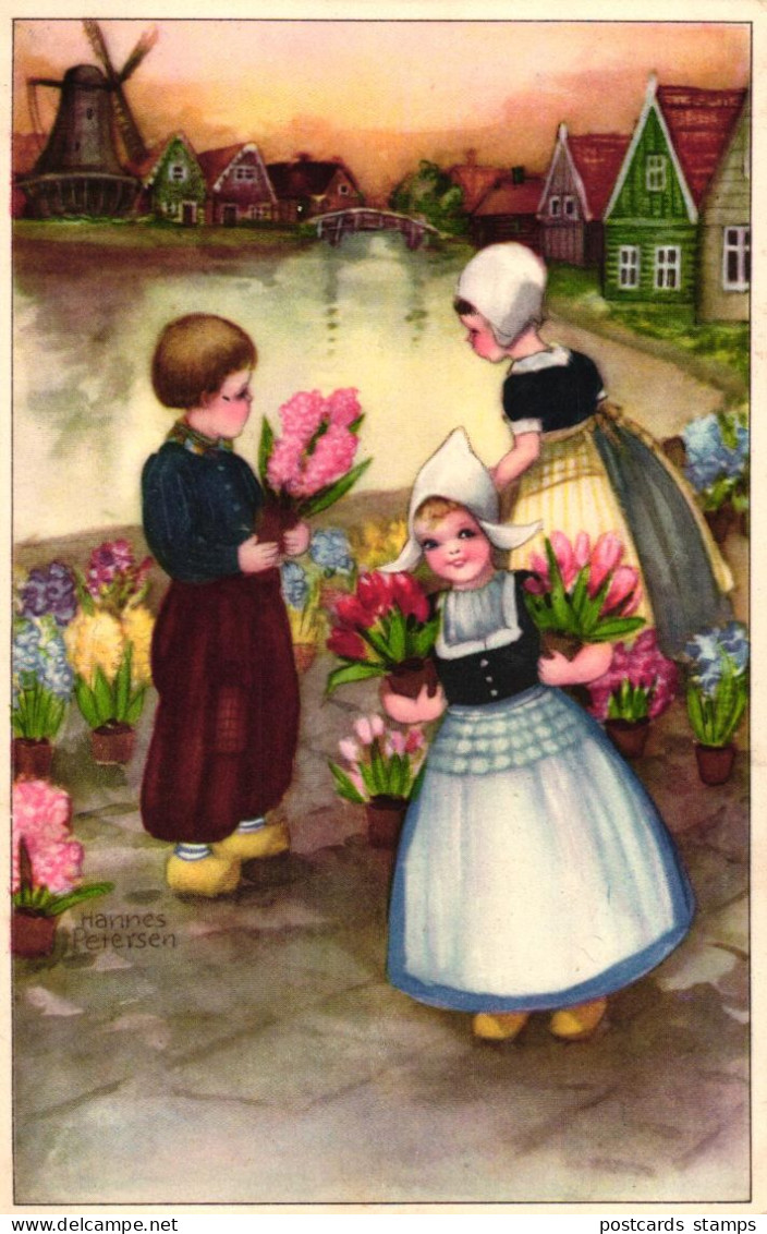 Kinder Mit Holzschuhen, Blumen, Windmühle, Sign. Hannes Petersen, 1953 - Petersen, Hannes