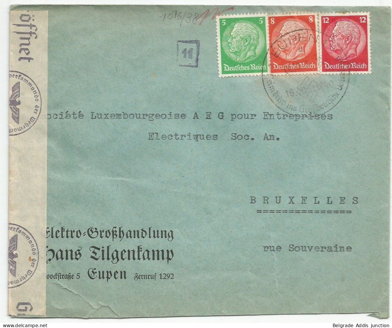 Belgique Belgien Occupation Eupen Deutsche Besetzung DR 1940 Lettre Censure Censored Cover - Guerra '40-'45 (Storia Postale)