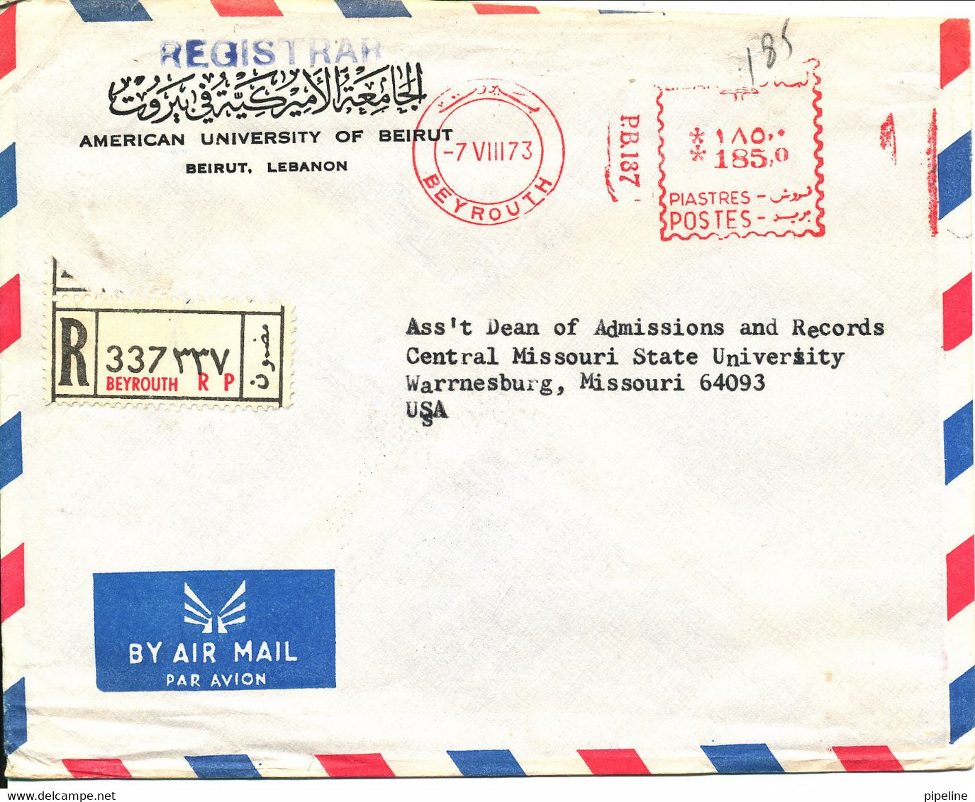 Lebanon Registered Air Mail Cover With Red Meter Cancel Beyrouth 7-8-1973 Sent To USA - Lebanon