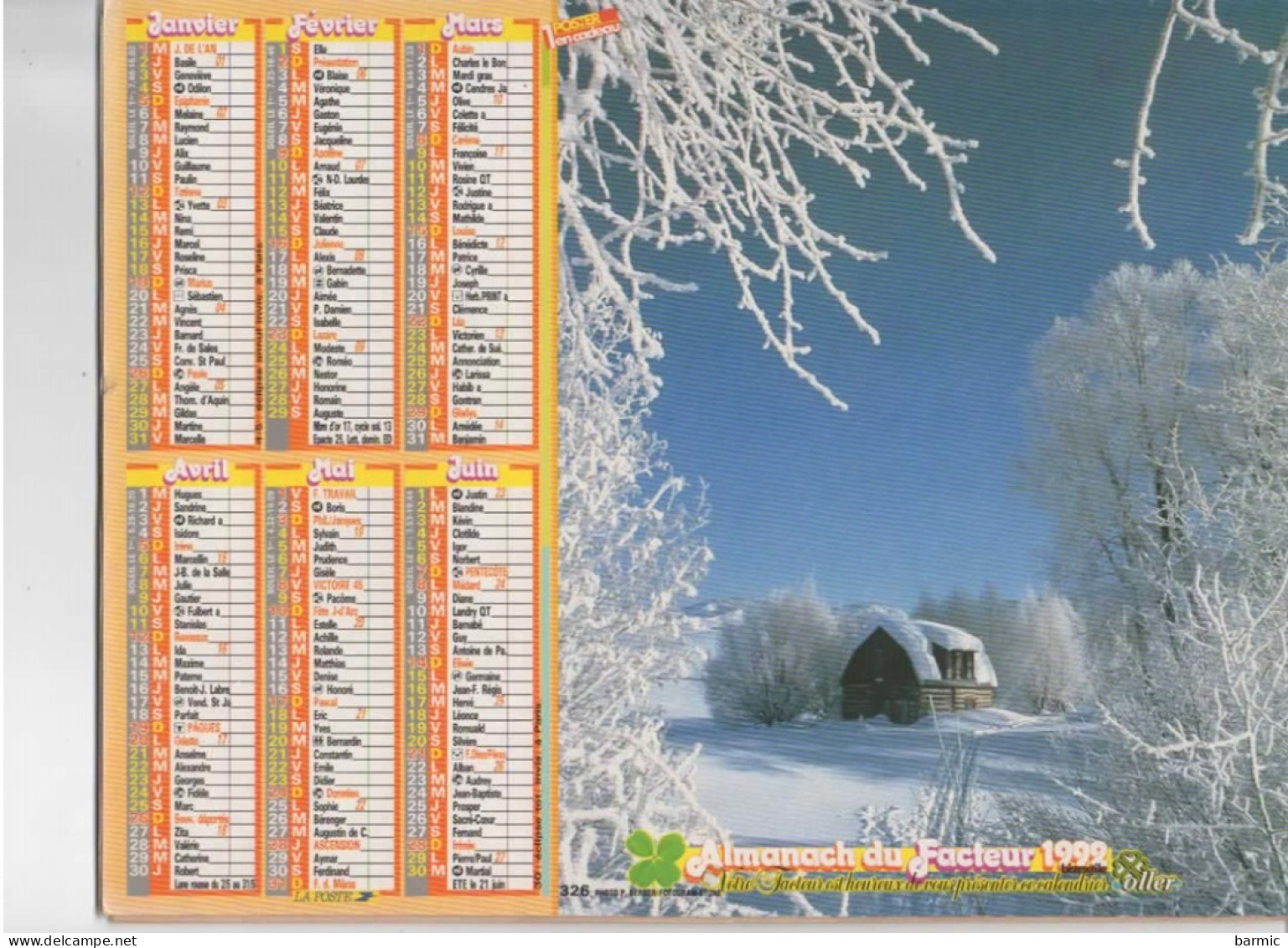 CALENDRIER ANNEE 1992, COMPLET, PAYSAGE HIVERNAL - Grand Format : 1991-00