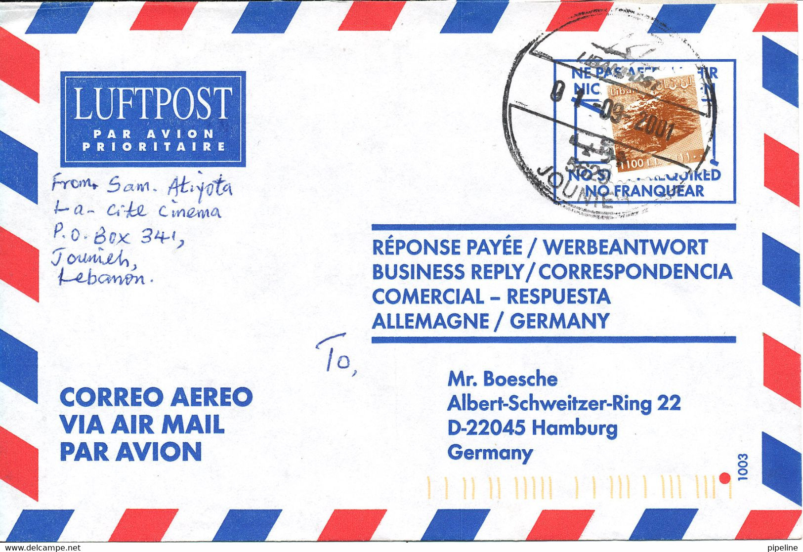 Lebanon Air Mail Cover Sent To Germany 1-9-2001 Single Franked - Lebanon