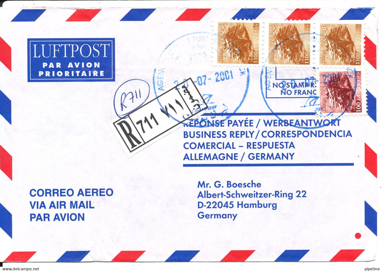 Lebanon Registered Air Mail Cover Sent To Germany 20-7-2001 - Lebanon