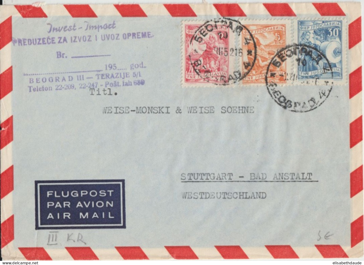 YOUGOSLAVIE - 1952 - TRICOLORE Sur ENVELOPPE AVION De BEOGRAD => STUTTGART - Covers & Documents