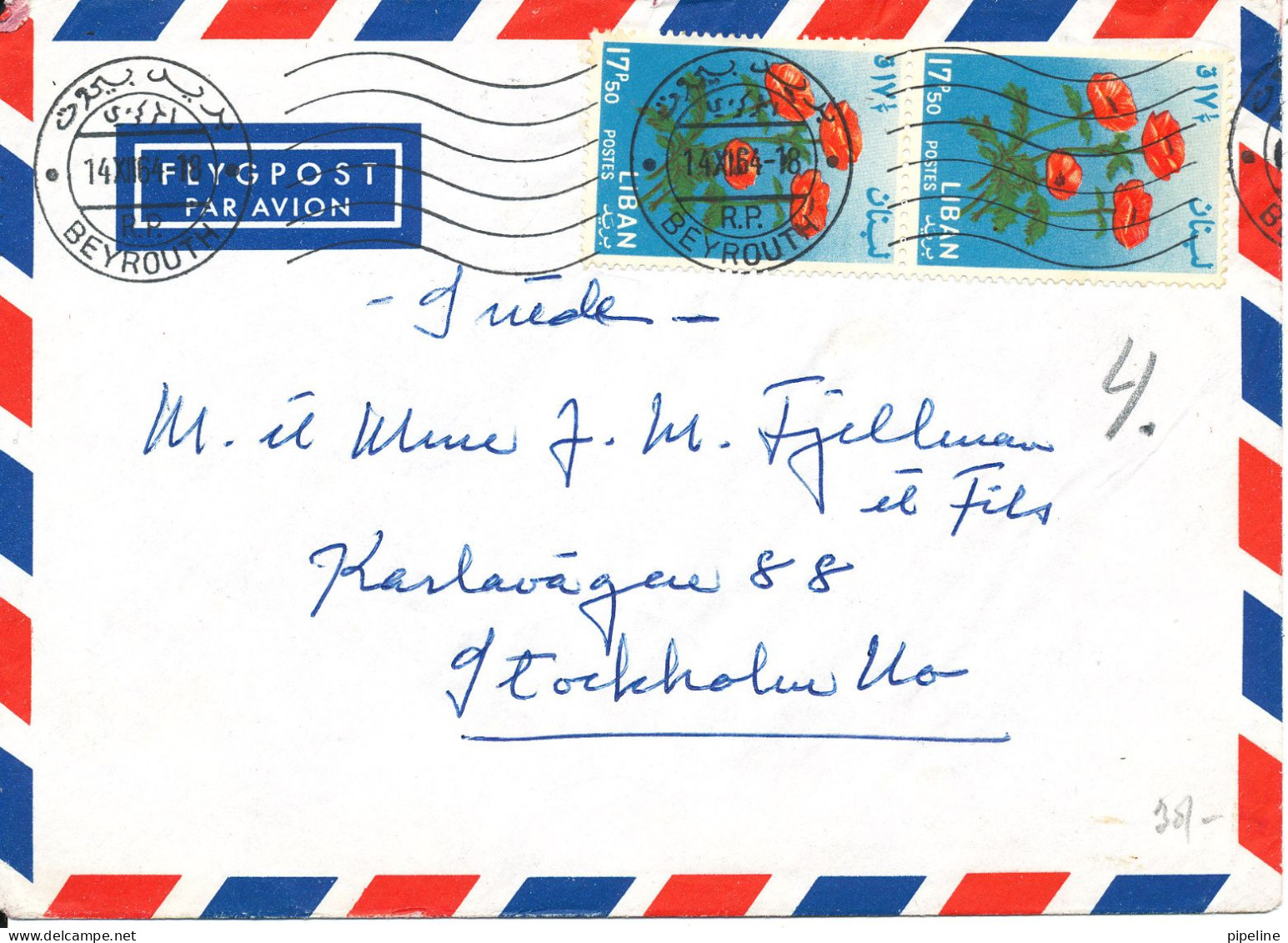 Lebanon Air Mail Cover Sent To Sweden 14-11-1964 - Lebanon
